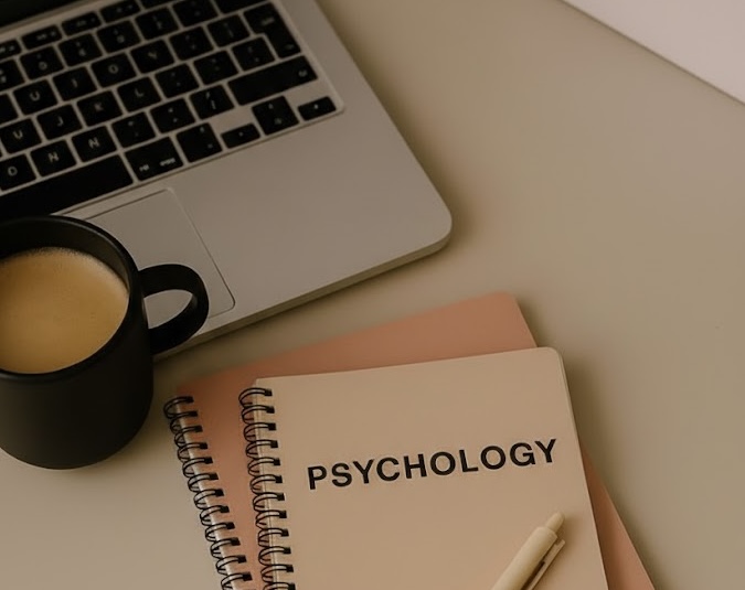 Decorativa.ordenador taza de cafe con cuadernos de psicología para terapia online